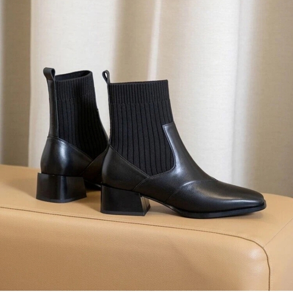 Women's Genuine Leather Square Toe Ankle Boots with Chunky Heel - Winter Knitted - Picture 6 of 16